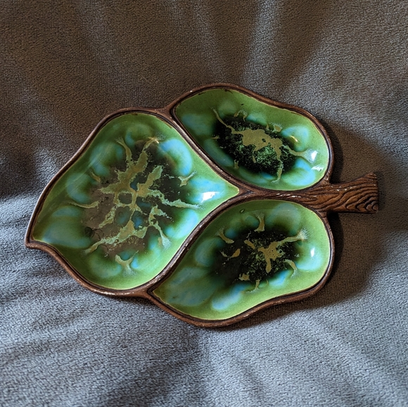 Vintage MCM 1960’s Treasure Craft Divided Leaf Dish Green Trinket Dish 9.5”x6” - Picture 1 of 7